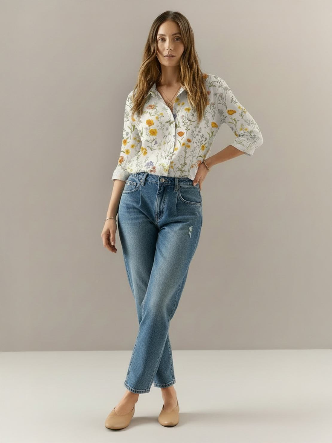 floral button-down shirt with long roll-up sleeves and relaxed fit