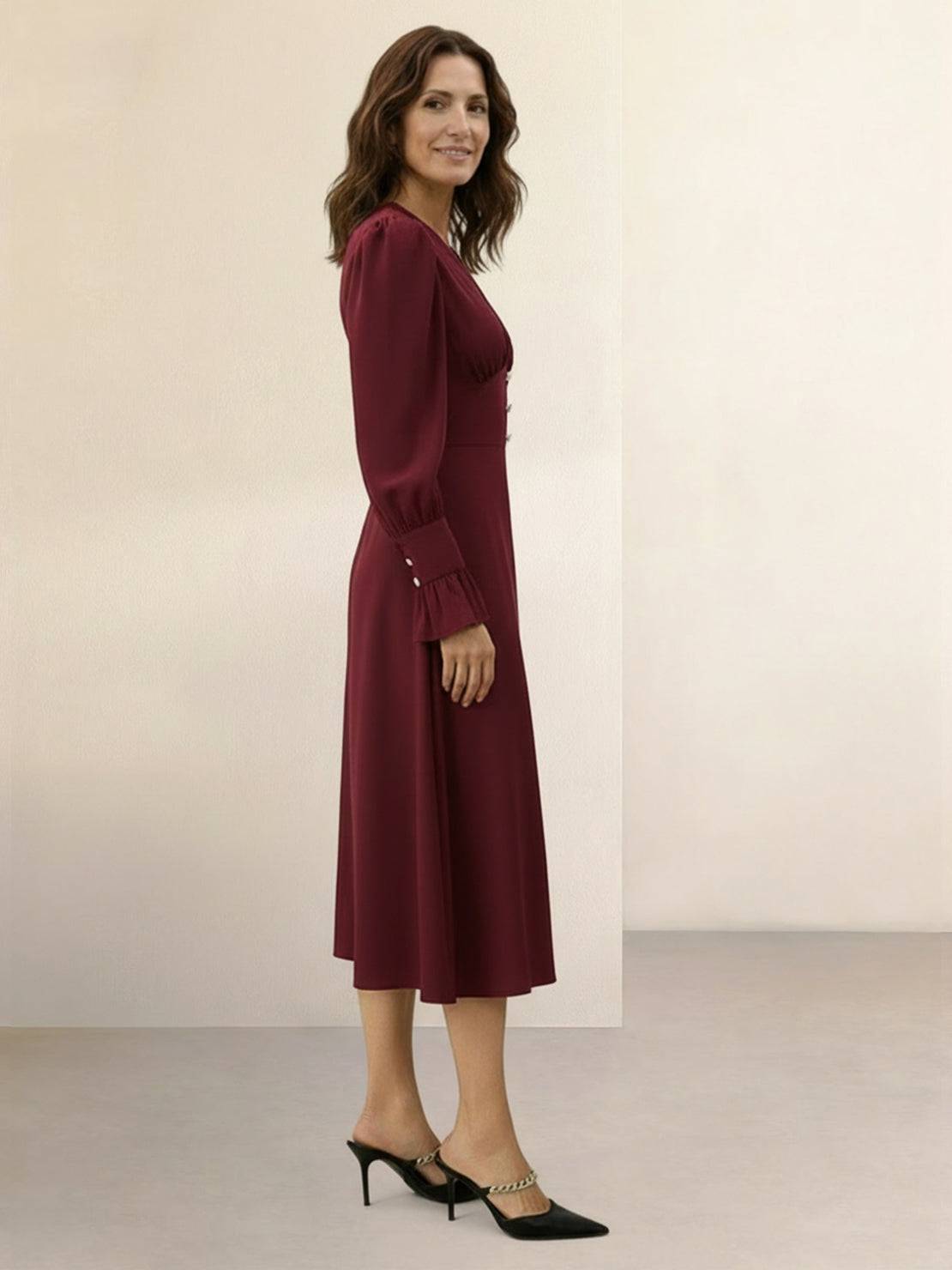 Slimming V-neck midi dress with button front, long ruffle sleeves, and A-line skirt in wrinkle-resistant fabric