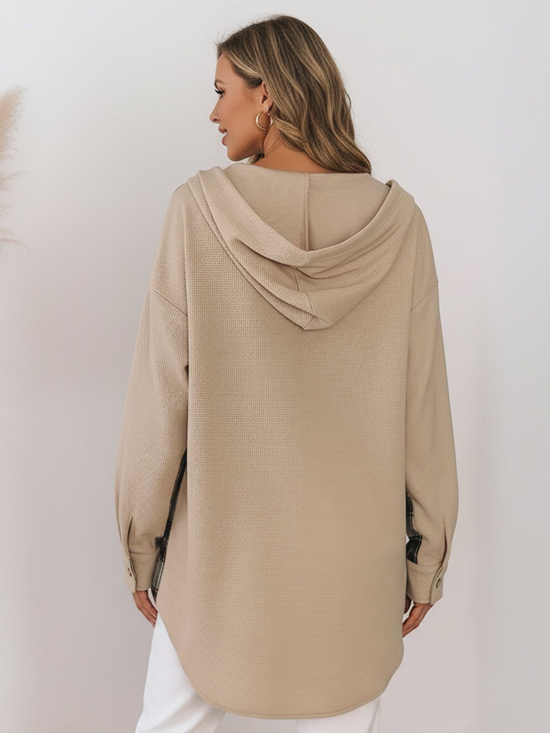 CloudKnit Oversized Hooded Shacket with waffle knit texture and button-front closure