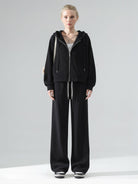 Chenille zip-up hoodie and wide-leg pants loungewear set in soft fabric with drawstring waist and side pockets