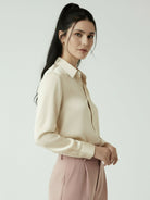 silk-finish button front shirt with relaxed fit and traditional collar