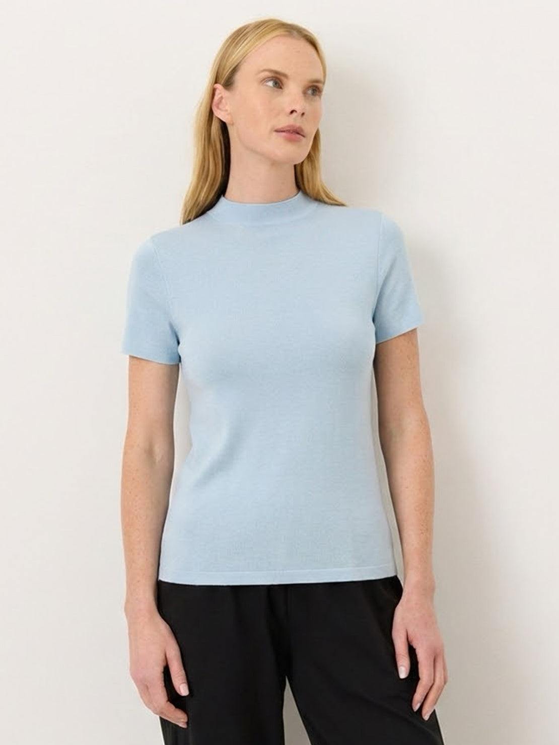 100% Merino Wool slim-fit short-sleeve mock neck tee in neutral color