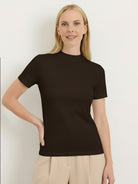 100% Merino wool short-sleeve mock neck tee with slim fit and temperature-regulating fabric