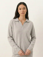 Oversized polo knit loungewear set with soft V-neck collar and straight-leg pants