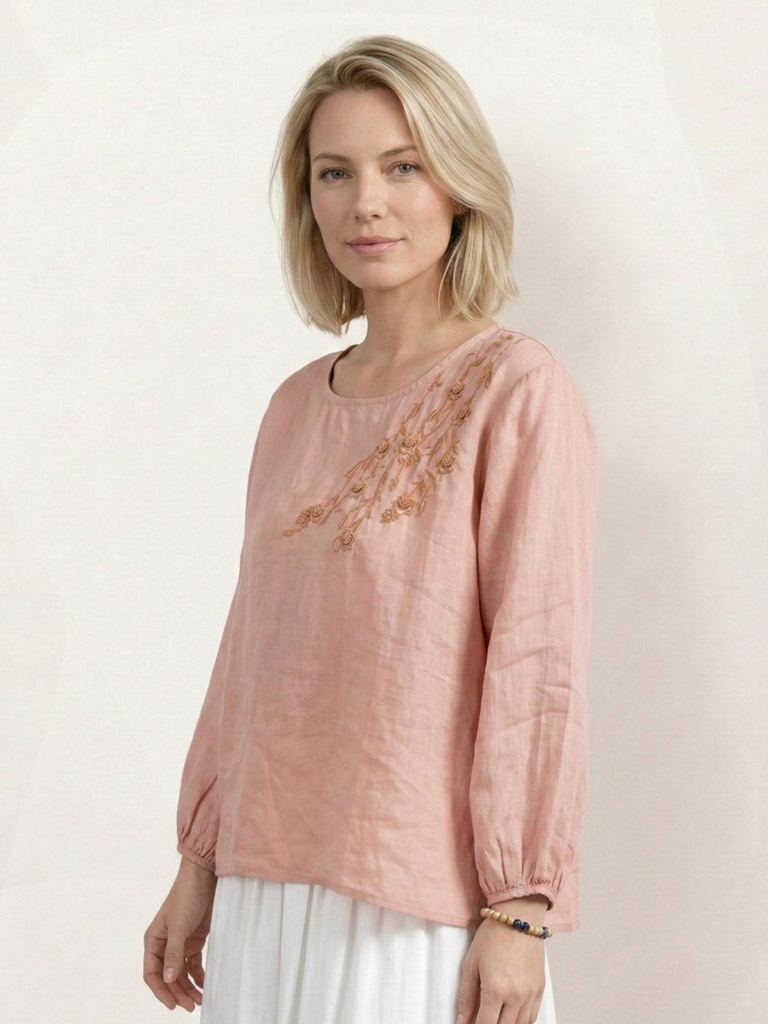 Cotton-linen embroidered blouse with balloon sleeves and tonal floral embroidery in relaxed boxy fit