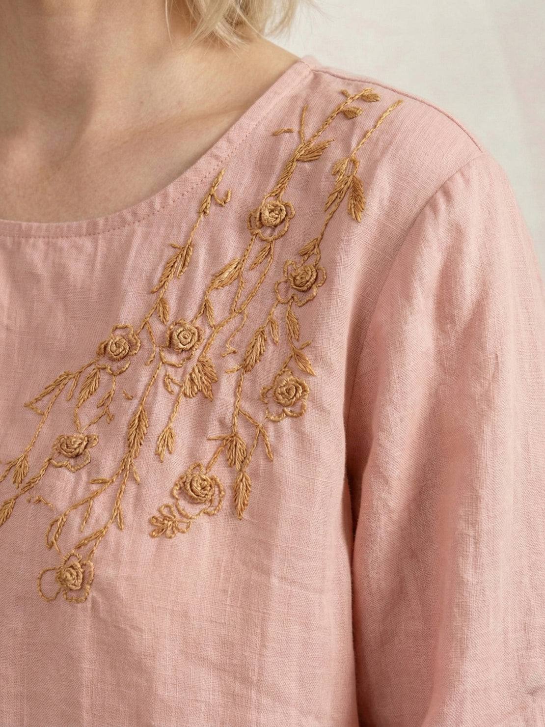 Cotton-linen embroidered blouse with relaxed boxy fit and 3/4 balloon sleeves
