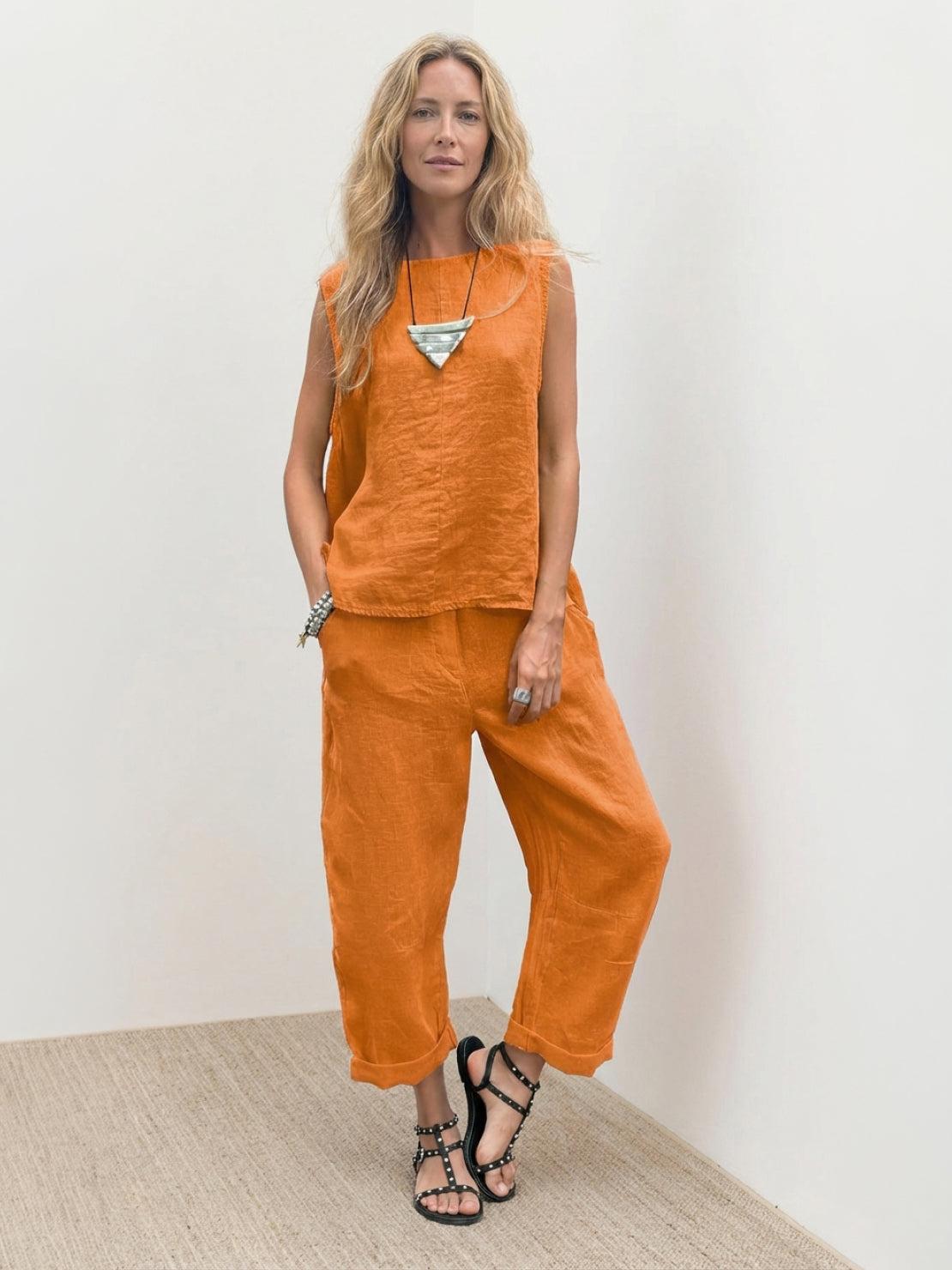 two-piece 100% cotton crinkle sleeveless co-ord set with relaxed tank and straight-leg pants