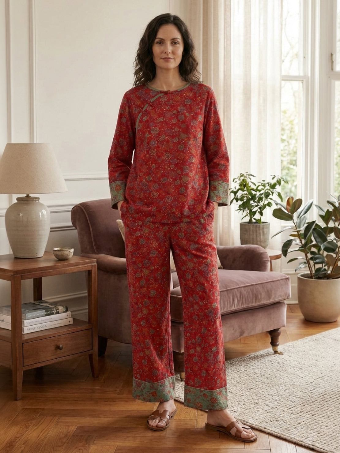 100% cotton Chinese Pankou pajamas with tunic top, wide-leg pants, frog closures, and bold landscape print