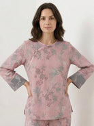 100% Cotton Chinese Pankou Pajamas two-piece lounge set with tunic top and wide-leg pants in bold landscape print