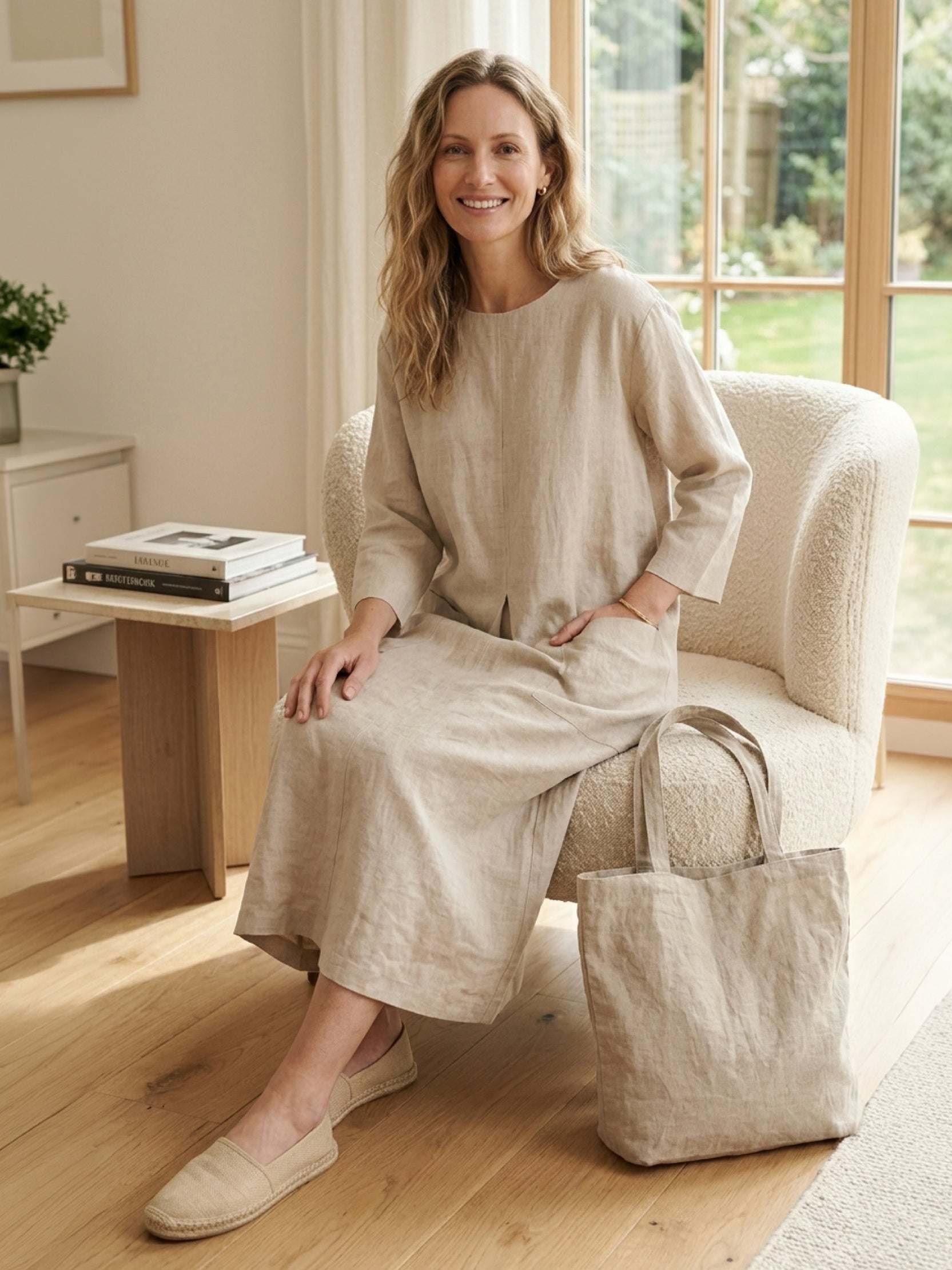 100% linen loose A-line maxi dress with 3/4 sleeves and large hip pockets