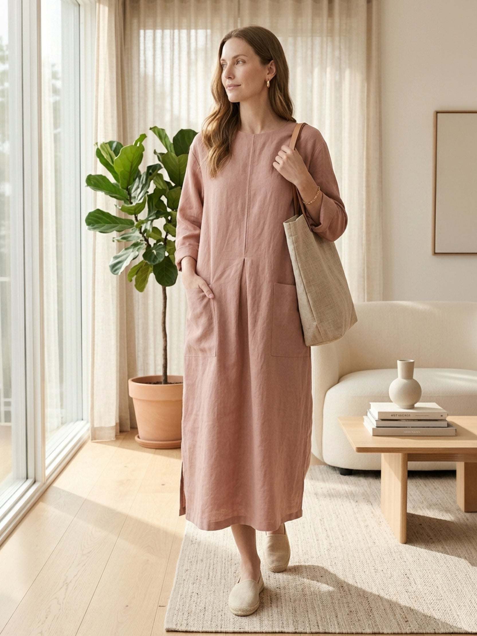 100% linen loose A-line maxi dress with 3/4 sleeves and large hip pockets