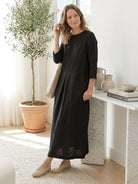 100% linen loose A-line pocket maxi dress with 3/4 sleeves and ankle-length hem