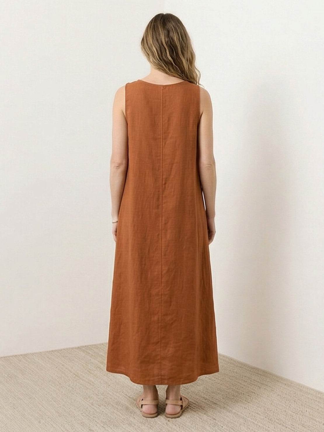 Lightweight 100% cotton linen sleeveless maxi dress with round neckline and loose ankle-length fit