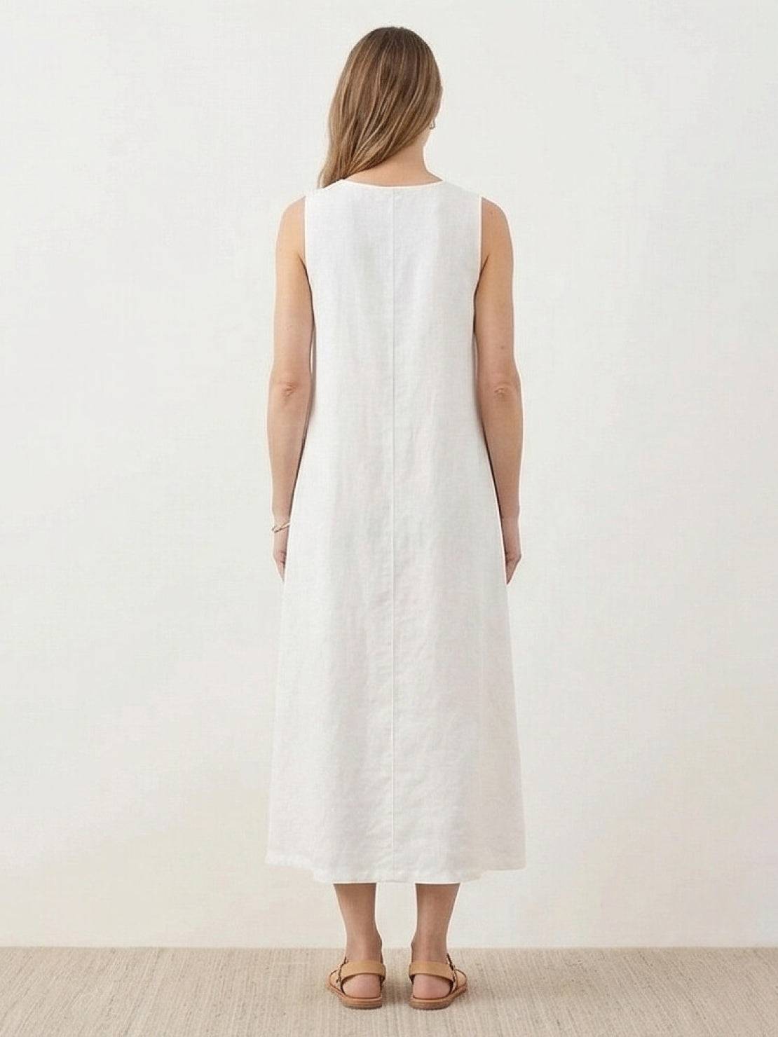 Lightweight cotton linen sleeveless maxi dress with round neckline and flowing ankle-length silhouette