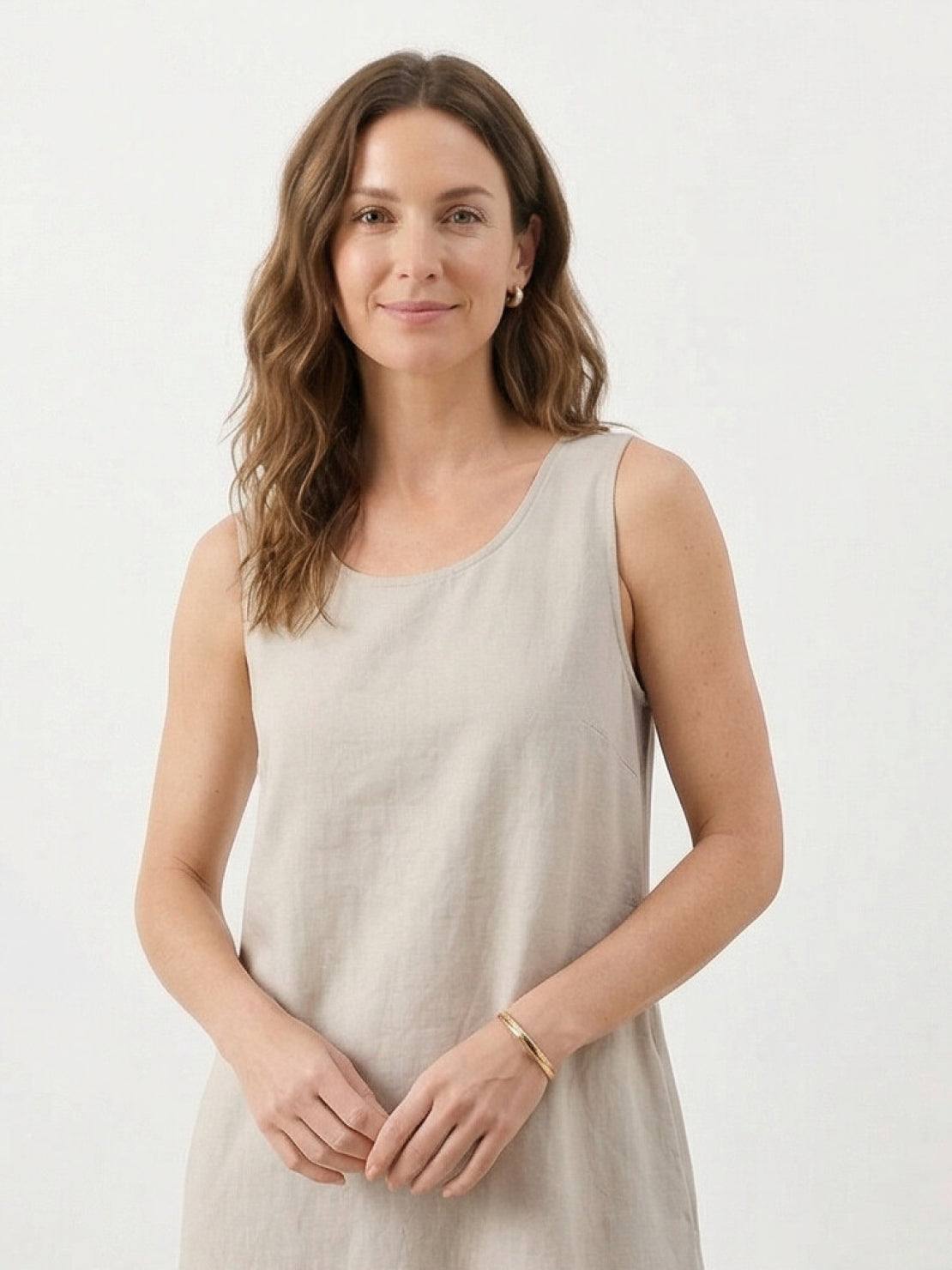 Lightweight cotton linen sleeveless maxi dress with round neckline and flowing ankle-length silhouette