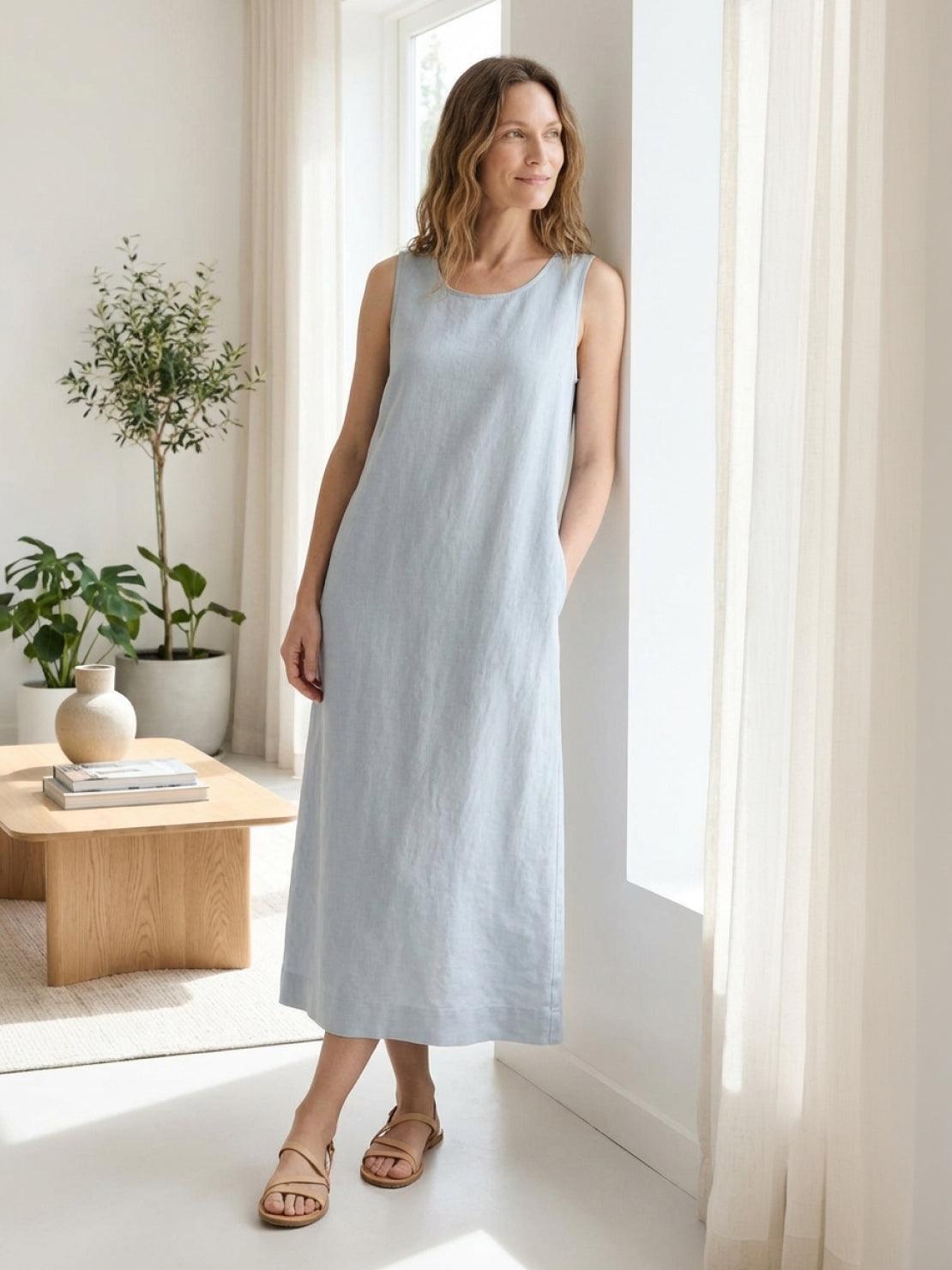 Lightweight cotton linen sleeveless maxi dress with round neckline and flowing ankle-length silhouette