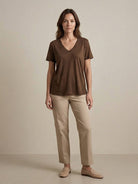 Linen-Bamboo V-Neck Tee with deep V-neck, short sleeves, relaxed fit, and breathable fabric blend of linen and bamboo viscose