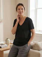 Linen-Bamboo V-Neck Tee with deep V-neckline, short sleeves, and relaxed fit in breathable linen and bamboo viscose blend