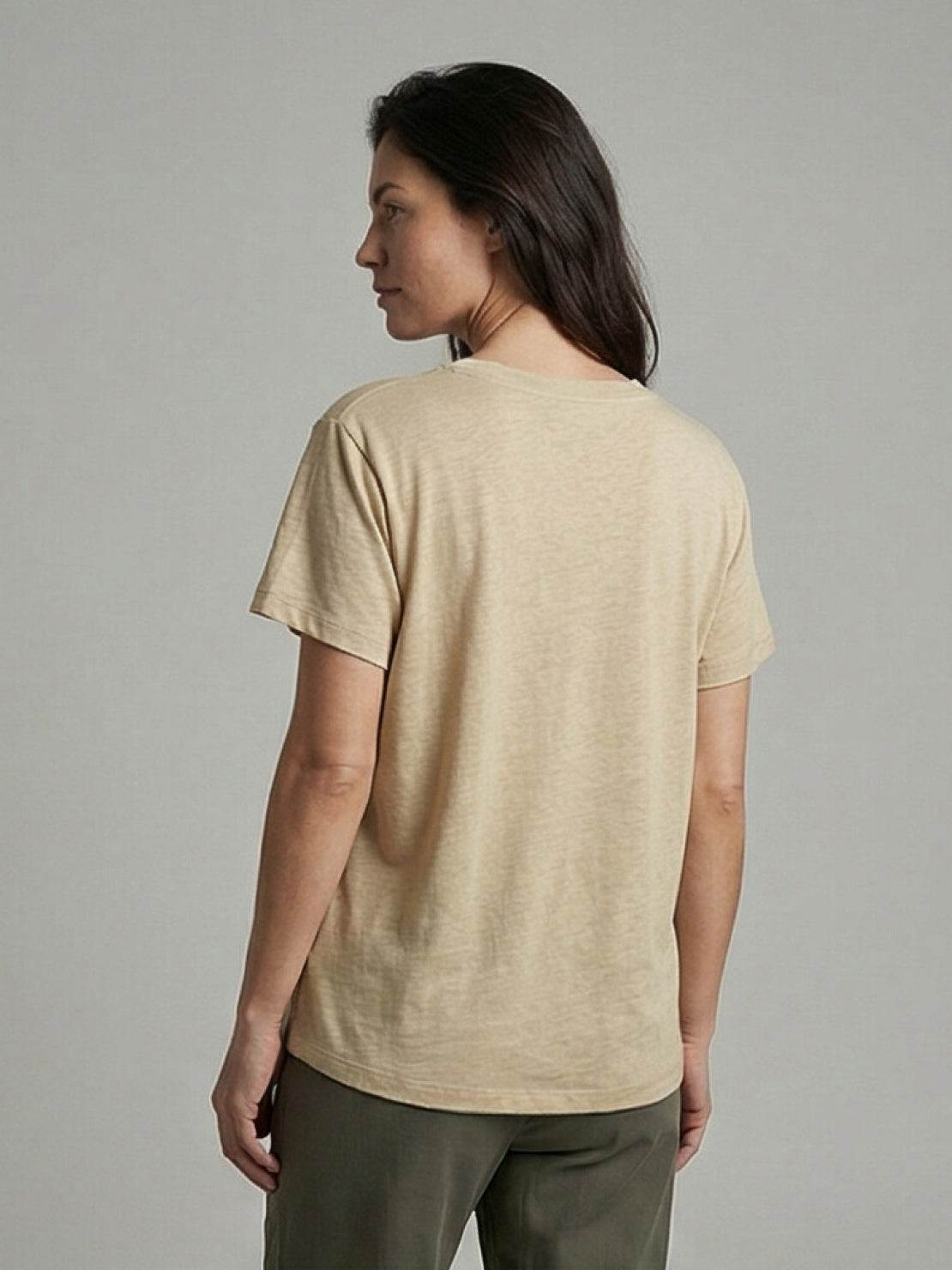 Linen-Bamboo V-Neck Tee with deep V-neck, short sleeves, relaxed fit, and smooth drape