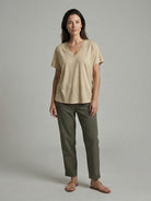 linen-bamboo v-neck tee with deep neckline and relaxed fit in breathable linen and bamboo viscose blend