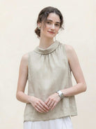 100% linen sleeveless cowl-collar top with boxy silhouette and natural crinkle texture