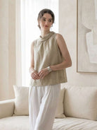 100% linen sleeveless cowl-collar top with relaxed boxy fit and natural crinkle texture