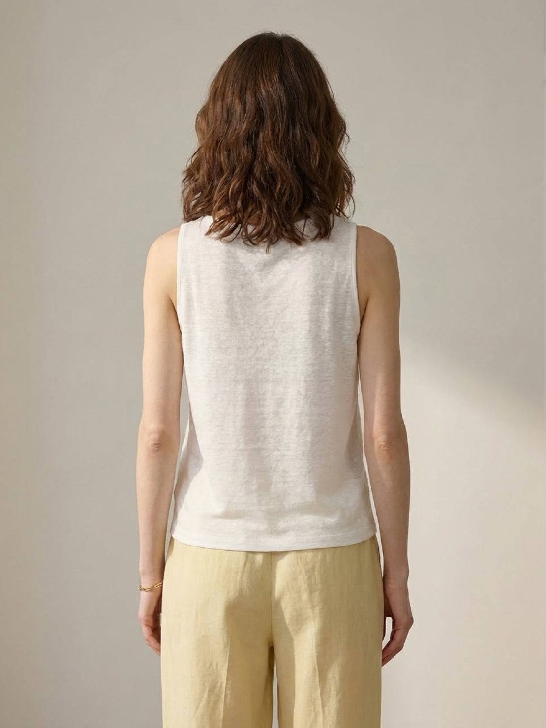 100% linen sleeveless wide neck vest with cowl drape and boat neck styles