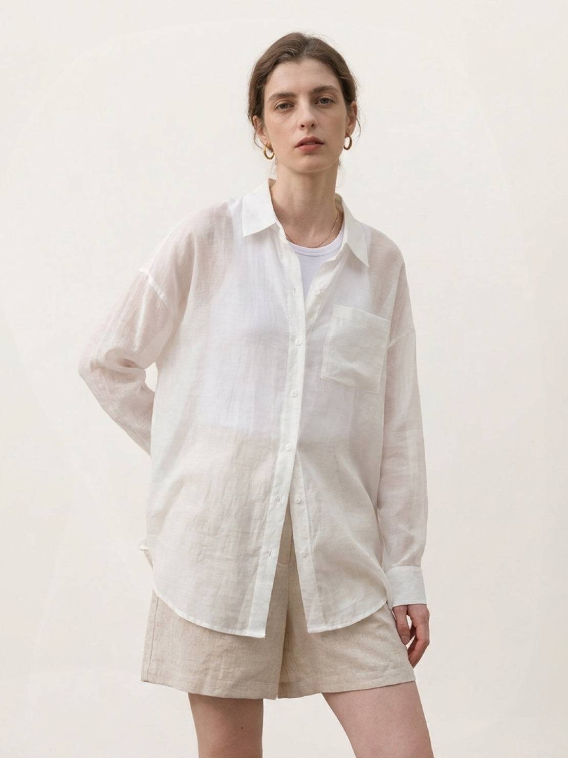 Lightweight 100% linen sheer overshirt with oversized fit and classic collar