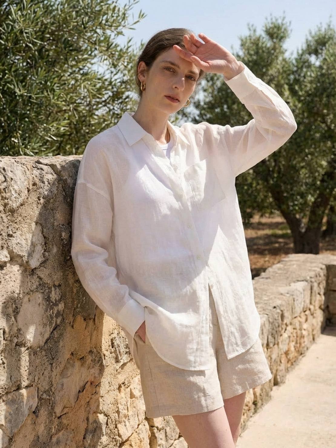 Lightweight 100% linen sheer overshirt with relaxed fit and full button front