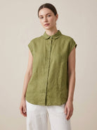 100% linen two-way button blouse with Peter Pan collar and cap sleeves