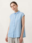 100% linen two-way button blouse with Peter Pan collar and cap sleeves