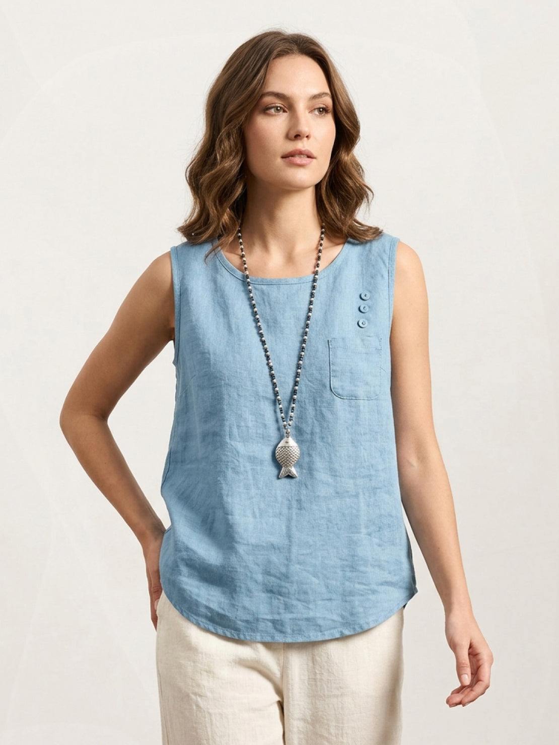 Loose fit sleeveless cotton linen top with curved hem and chest pocket detail