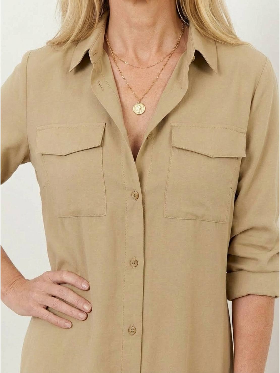 Wrinkle-free maxi button-down dress with point collar and chest pockets