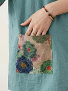 Oversized cotton linen floral shirt with round neckline and elbow sleeves