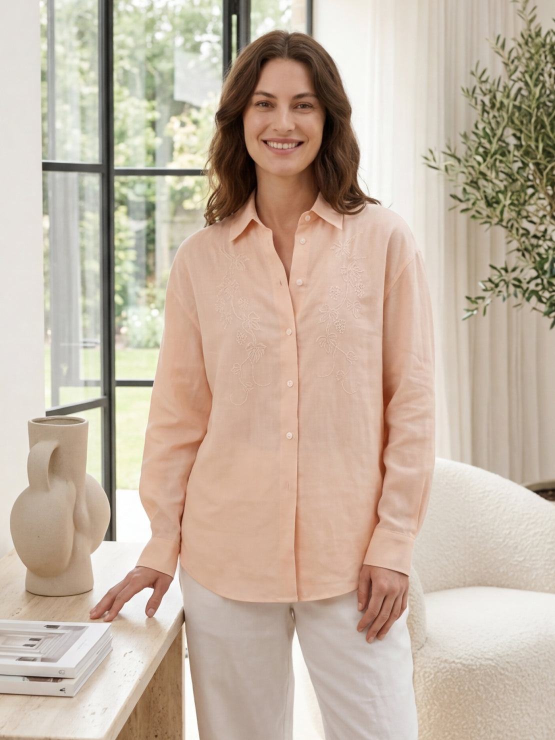 White Ramie Linen-Lyocell blend shirt with floral embroidery and curved hem