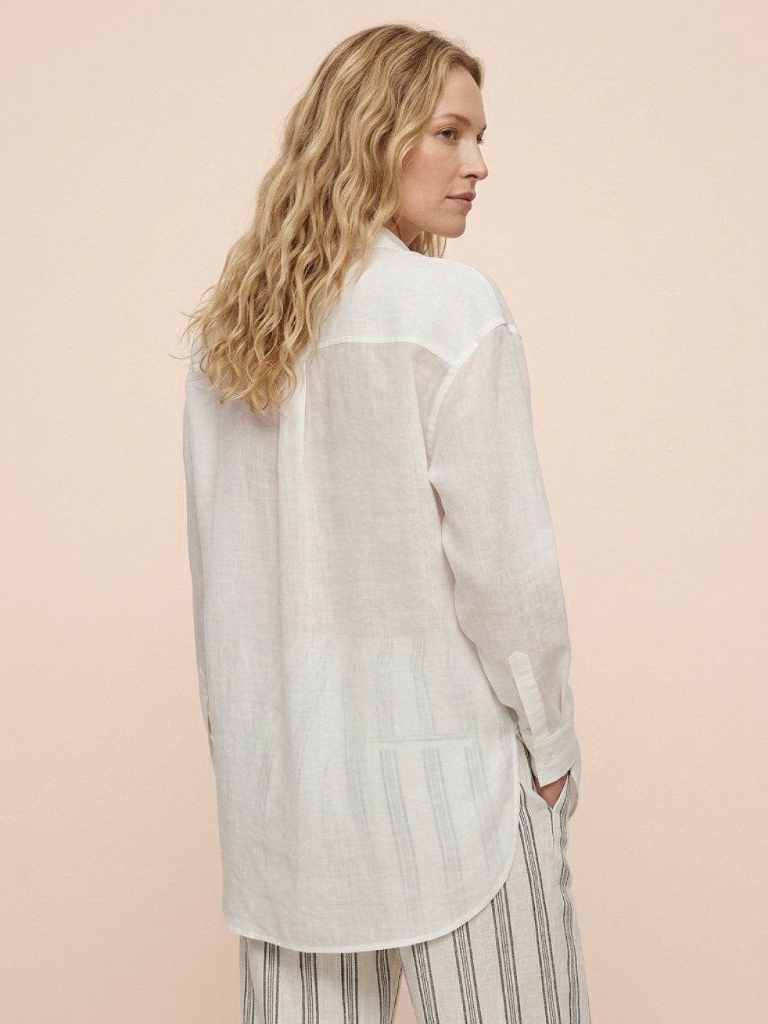 Ramie linen-lyocell blend embroidered relaxed tunic shirt with curved hem and side slits