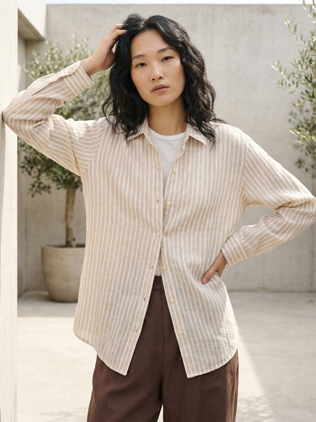 100% linen pinstripe shirt with loose fit and drop shoulders