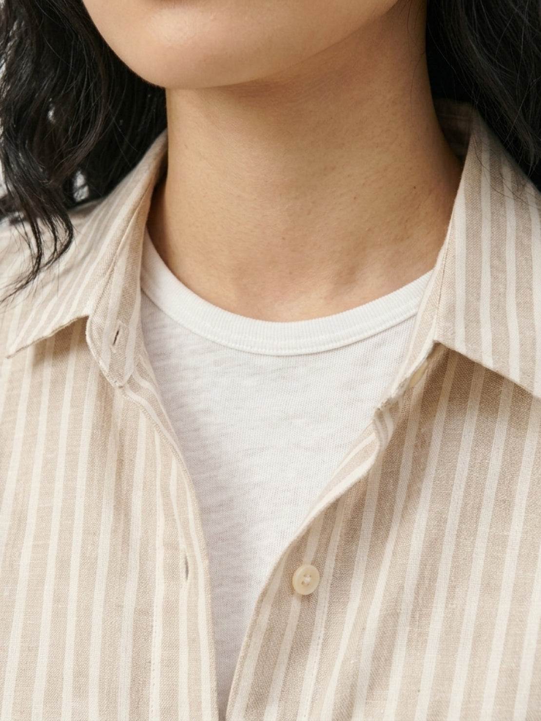 Loose fit 100% linen pinstripe shirt with drop shoulders and wide button cuffs