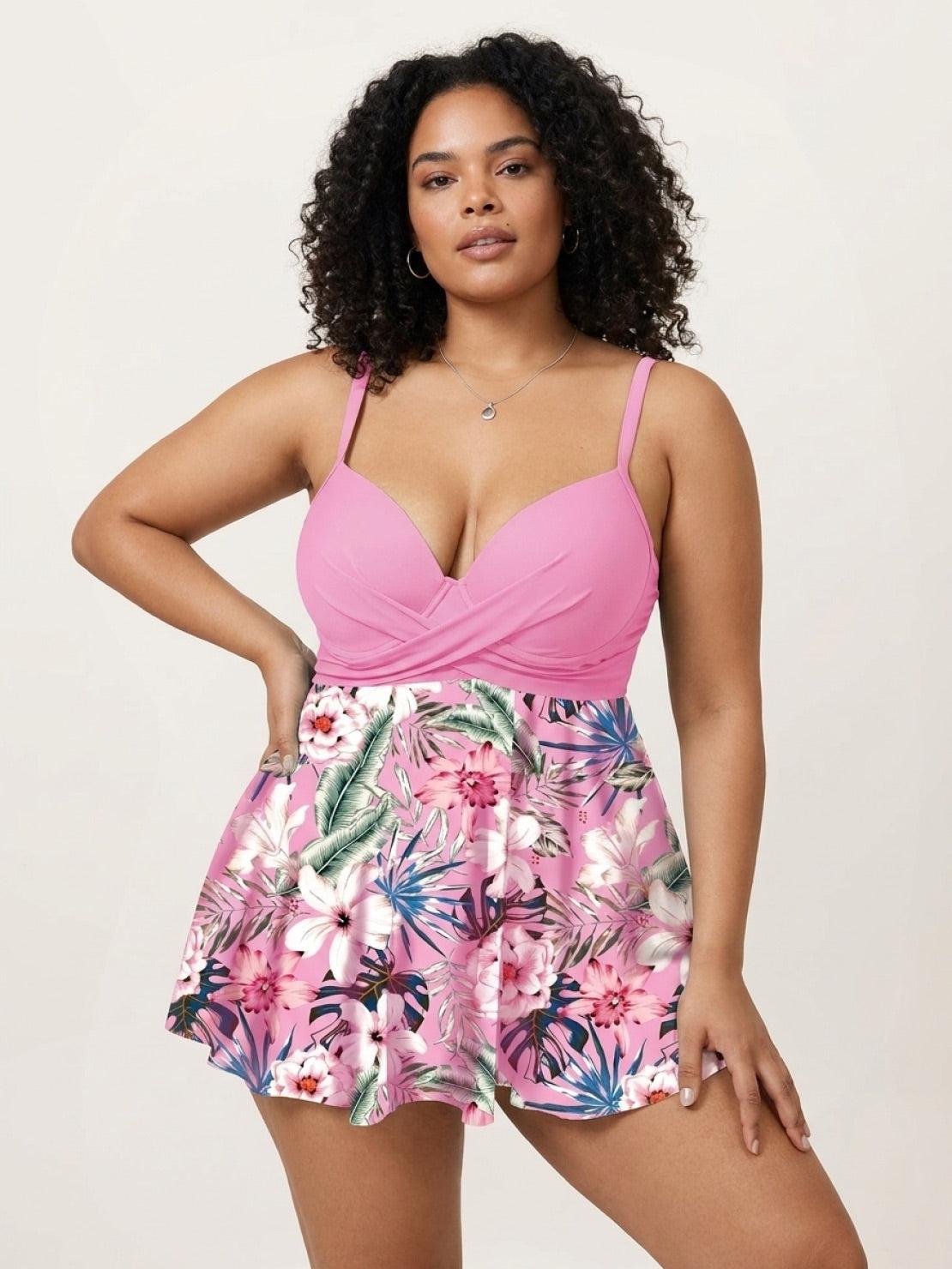 Tropical crossover skirted one-piece swimsuit with deep-V solid top and floral high-waist skirted bottom
