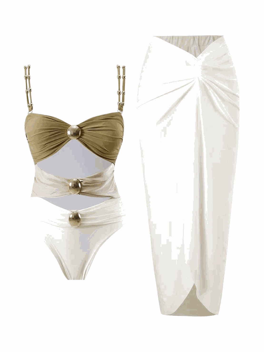 Gold-detail cutout one-piece swimsuit with ruched panels and midi wrap skirt beachwear set