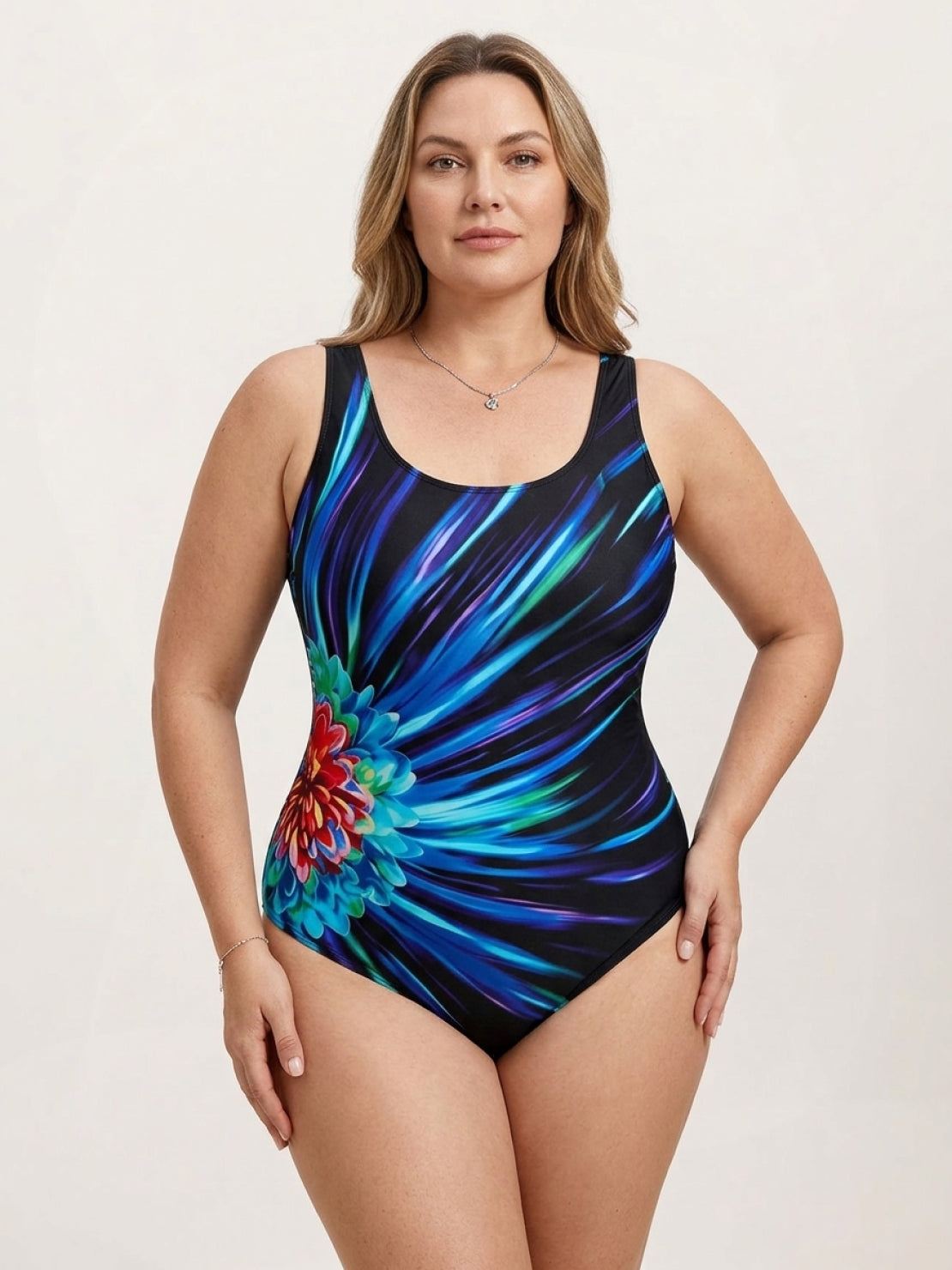 Plus size bold print one-piece swimsuit with high-cut leg and wide shoulder straps