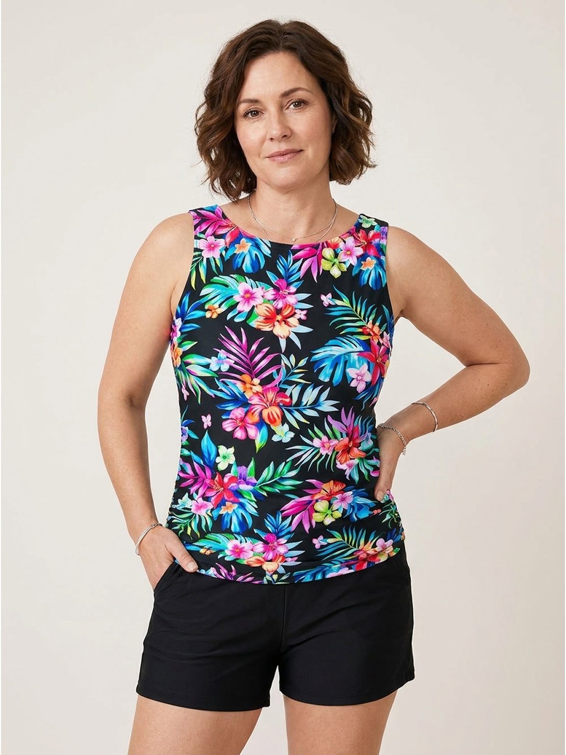 High-Neck Ruched Tankini Set swimwear with gathered sides and built-in brief in skirt or shorts option