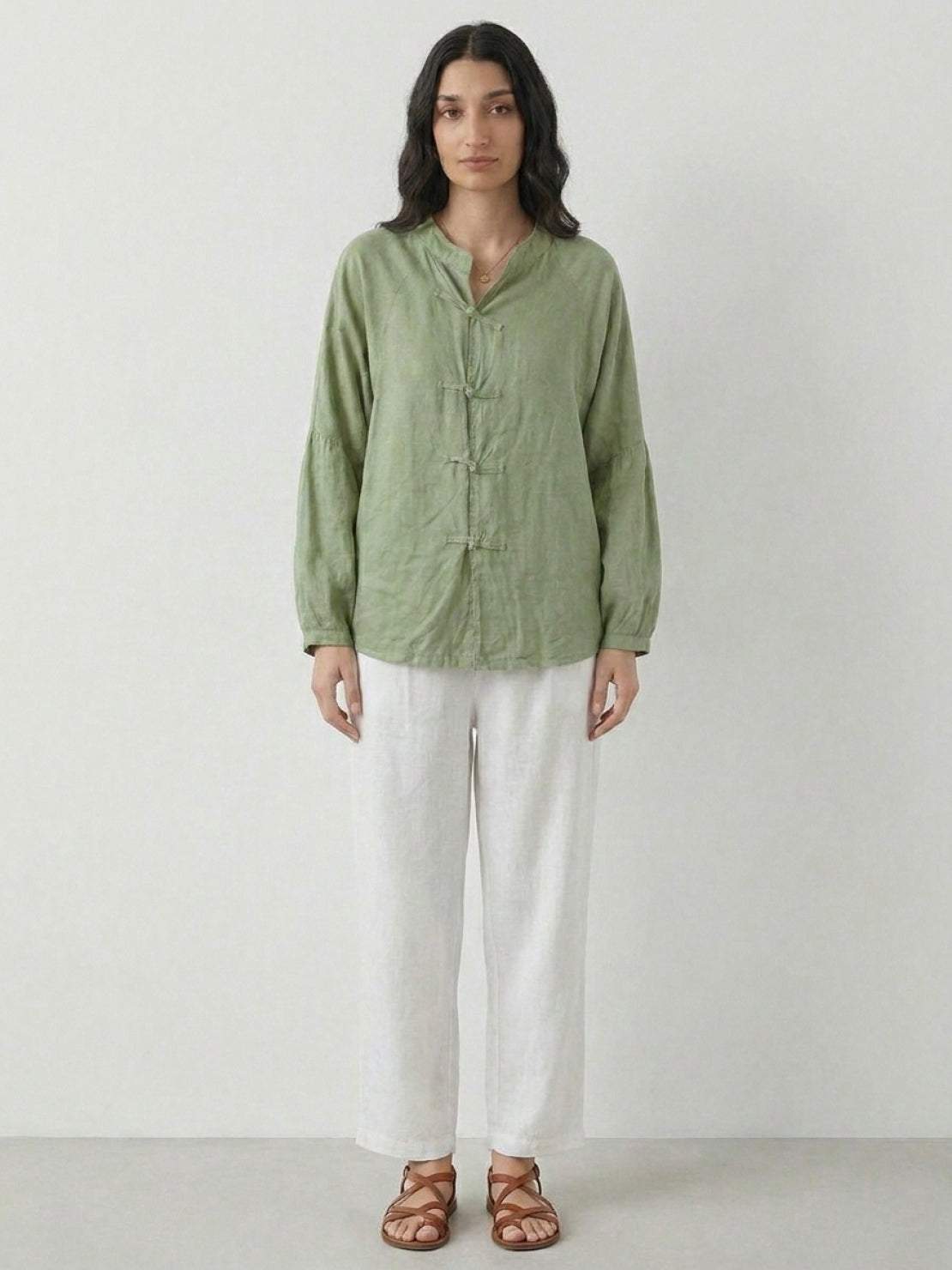 Oversized linen-cotton blouse with batwing sleeves and mandarin collar