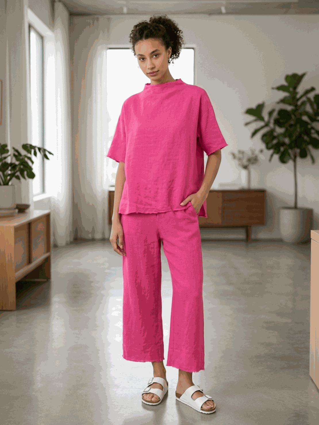 Women wearing cotton-blend capelet lounge set with cape-style top and wide-leg pants in various colors