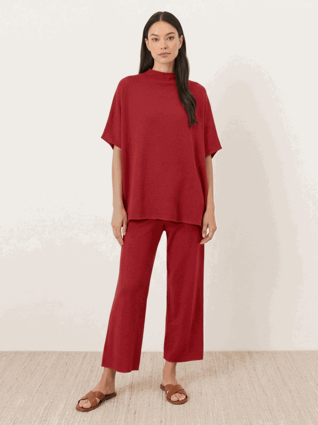 Chocolate brown cotton-blend capelet top with batwing sleeves paired with cropped wide-leg pants lounge set