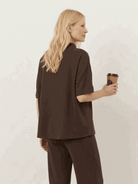Cotton-blend capelet lounge set with mock neck top and wide-leg pants in relaxed fit