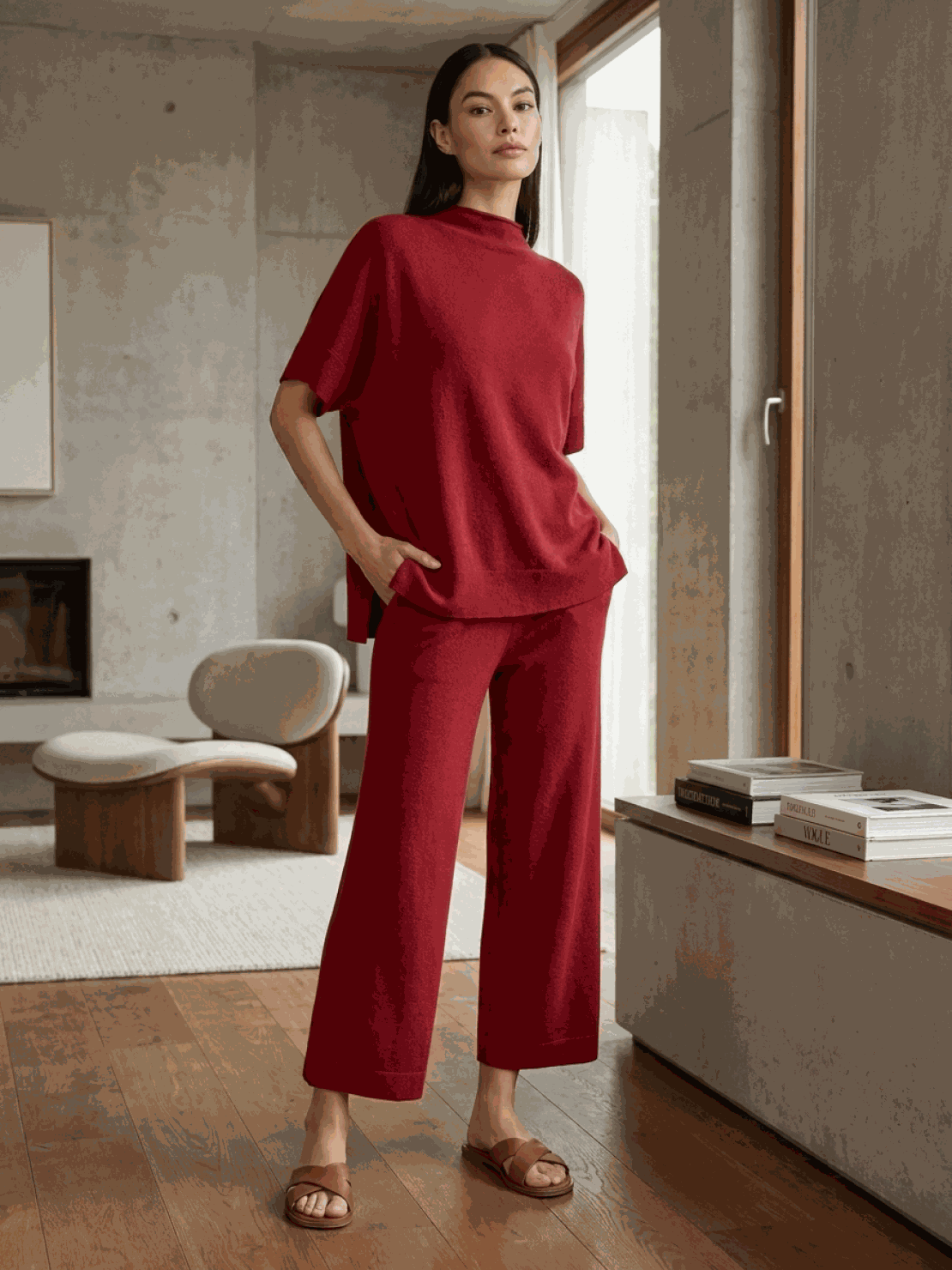 Cotton-blend capelet top with batwing sleeves and wide-leg pants lounge set in multiple colors