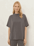 Cotton-blend capelet lounge set with mock neck top and wide-leg pants