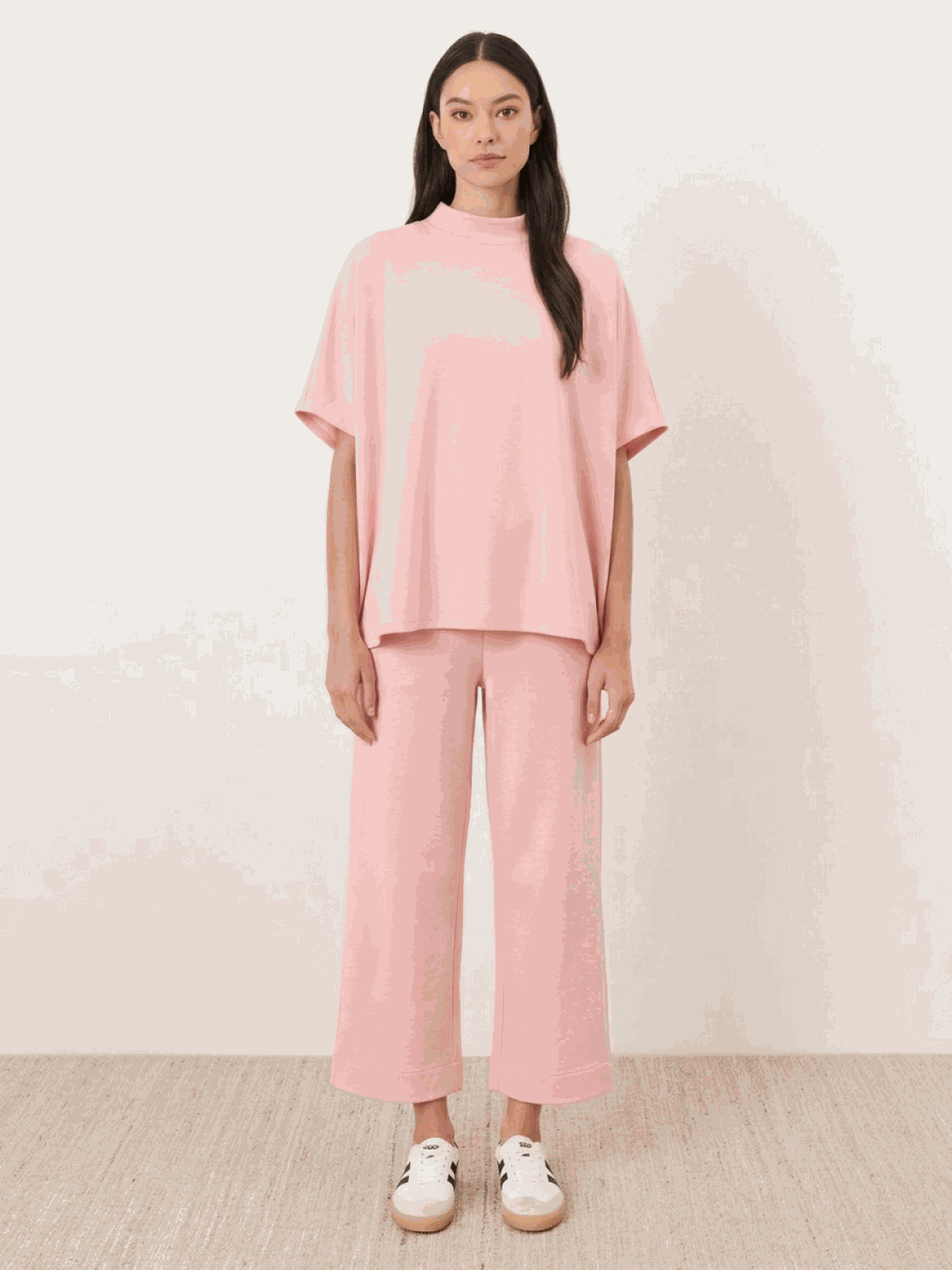 Cotton-blend capelet lounge set with mock neck top and wide-leg pants in relaxed fit