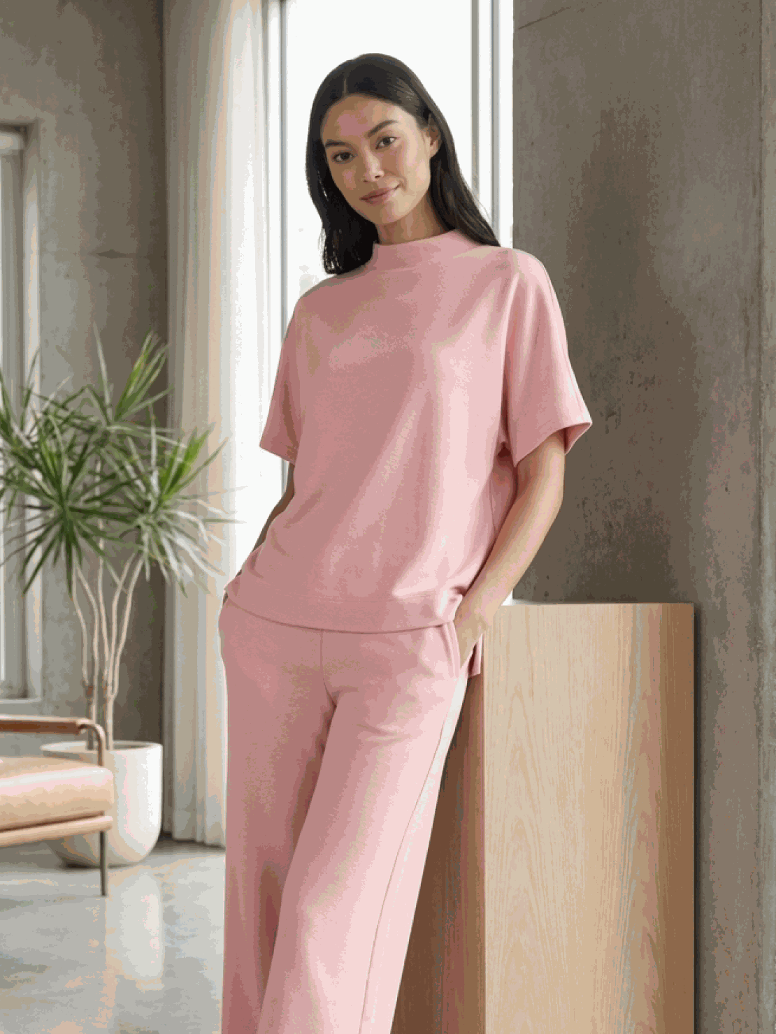 Cotton-blend capelet top with batwing sleeves and matching wide-leg pants lounge set in multiple colors